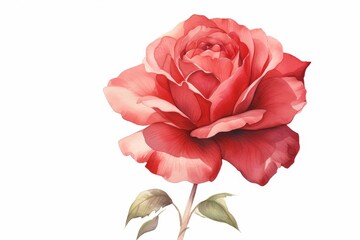 A watercolor painting of a single red rose in full bloom against a white background.