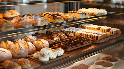 A bakery display case filled with an assortment of freshly baked bread, pastries, and cakes