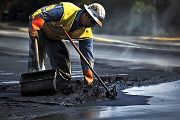 Construction worker in high-visibility gear meticulously spreads asphalt during road repair work. Generative AI