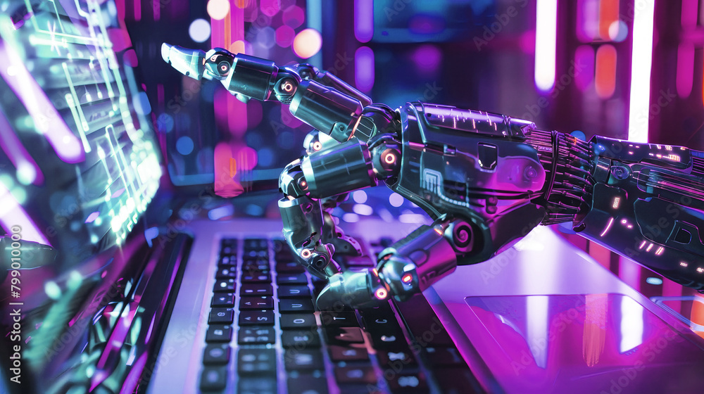 Poster a robotic hand with precision typing on a laptop keyboard, displaying innovative artificial intellig