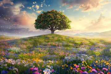 fantasy hill panorama, colorful grassy meadow with beautiful blooming flowers at sunset, soft clouds, magic realism, dreamlike, golden hour, illustration // ai-generated 