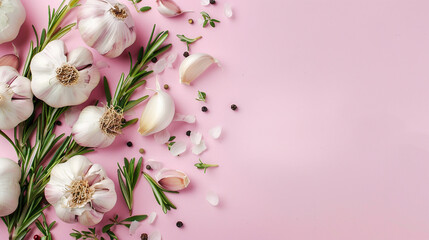 Fresh Garlic and Herbs: Culinary Essentials for Healthy Cooking, Isolated Top View with Copy Space on color Background