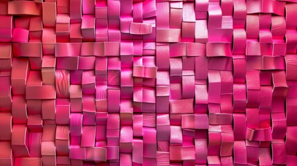   A tight shot of a mosaic wall, comprised of red and pink squares and rectangles against a black backdrop