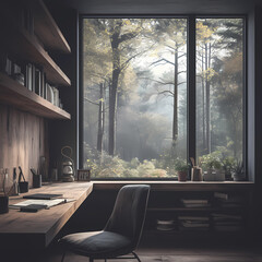 Contemporary workspace with a touch of rustic charm, featuring large windows revealing a serene forest view.