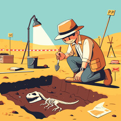 illustration of an archaeologist discovering a dinosaur fossil © Ngilustrasi