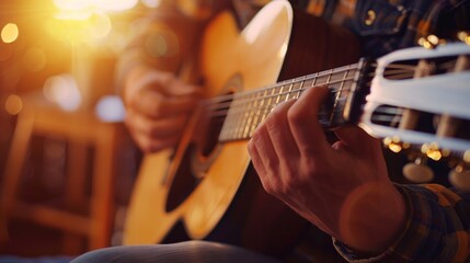 Man with guitar, plays in music record studio - Powered by Adobe
