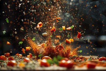 Capture the dynamic interplay of spices being sprinkled mid-air, capturing their vibrant colors and intricate textures with a birds eye view perspective, enhancing the magic of culinary art - obrazy, fototapety, plakaty