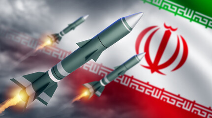 Rockets near Iranian flag. Ballistic missiles take off in sky. Iranian military technologies....