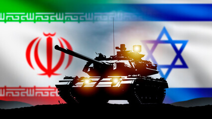 Armed conflict Iran and Israel. Silhouette of tank for military operation. Concept of confrontation...