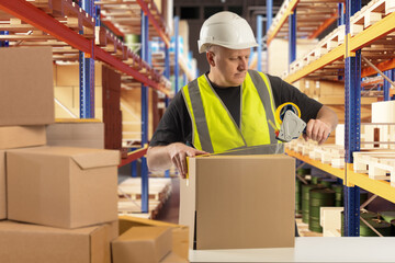 Man works in warehouse. Storekeeper is packing parcel. Warehouse worker with cardboard boxes. Man...