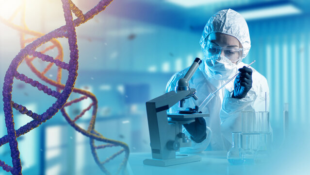 Specialist genetics. DNA helix. Genetic laboratory employee with microscope. Scientist sequences DNA chain. Geneticist at work. Lab technician studies human RNA. Woman geneticist in protective suit