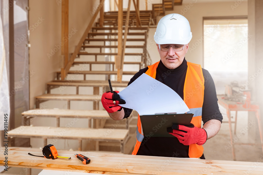 Poster man builder at work. worker in building under construction with steps. construction engineer studies