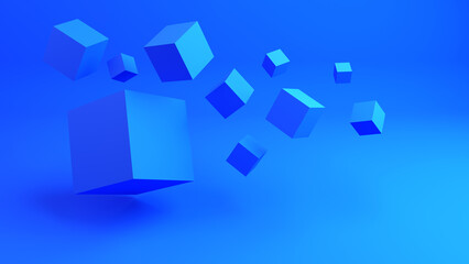 Blue background. Cubes different sizes. Geometric backdrop. Blue minimalistic texture. Background on abstract theme. Geometric pattern. Blue backdrop for design. Background for advertising. 3d image