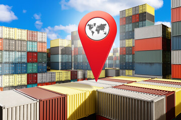 Site with sea containers. Geotag with world map metaphor for international delivery. Container...