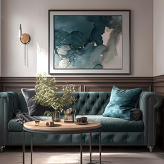 Elegant Interior Space Featuring a Blue Couch and Modern Wall Art