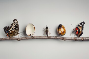 Create an image that represents: butterfly evolution phases, egg, larva, pupa and adult. - obrazy, fototapety, plakaty