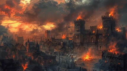Obraz premium Depict a medieval town under siege, with towering walls and trebuchets, set against a stormy sky in oil paints, incorporating a surprising birds eye view that brings forth the chaos and intensity