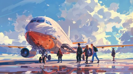 Passengers boarding a commercial airplane on a sunny day.