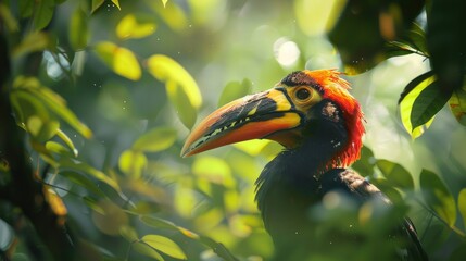 Picture of a brightly colored hornbill Morning light background through bokeh, green tree leaves.