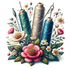 A still life painting featuring sewing supplies like needles and thread - obrazy, fototapety, plakaty