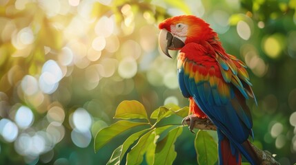Picture of a brightly colored Scarlet Macaw bird. Morning light background through bokeh, green tree leaves.
