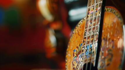 Detailed close-up of a beautifully painted sitar against a blurred background Cinco De Mayo