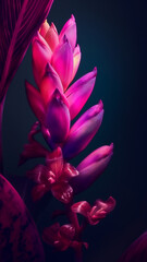 Vibrant pink tropical flowers glow against a dark teal backdrop.