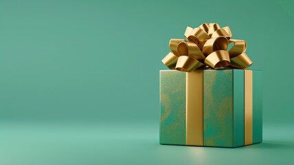 Elegant green gift box with a luxurious golden bow on a matching background. - obrazy, fototapety, plakaty