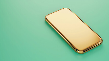 Minimalist image of a gold smartphone on a soft teal background, evoking modern elegance. - obrazy, fototapety, plakaty