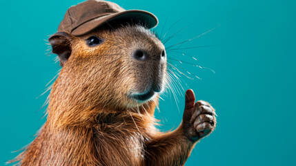 Portrait of a happy capybara in a cap holding a thumbs up as a sign of excellent work on an isolated blue background.