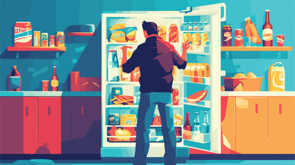 Man looking inside fridge with unhealthy snacks fas