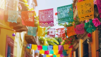 Vibrant papel picado banners in street celebration Cinco De Mayo - obrazy, fototapety, plakaty