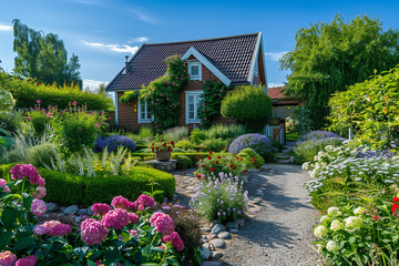beautiful summer garden with really existing bushes in a scandinavian village with woodhouse - obrazy, fototapety, plakaty