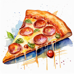 Watercolor painting of peperoni pizza slice. Tasty fast food. Delicious snack. Hand drawn art