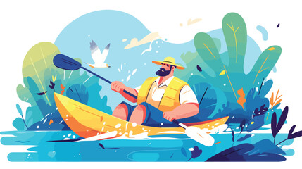 Man rowing with paddle relaxing in wood boat in riv