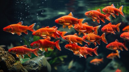   A sizable school of red fish swim in an expansive aquarium, surrounded by lush green plants and rocks Bubbles form at the aquarium's base, rising to its