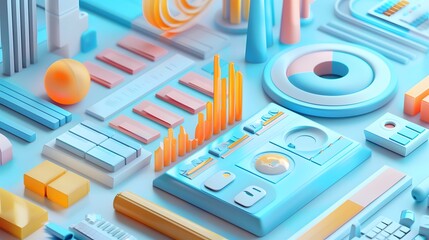 Design a PPT page incorporating multiple content plates geared for chart data comparison, utilizing a retro futuristic style, minimalist color schemes, and incorporating enhanced 3D elements. - obrazy, fototapety, plakaty