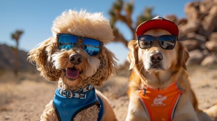 Poodle and Golden Retriever in Sunglasses and Caps, Canine Desert Adventure