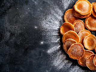 A top view of a stack of pancakes on a dark, rustic surface with sugar.