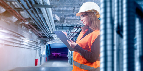 Woman engineer at work. Girl is standing in engineering room. Inspector checks industrial utilities. Engineer in orange vest. Woman in basement with utilities. Lady inspector makes notes on papers