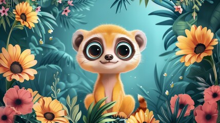   A charming small animal resides in a jungle teeming with sunflowers and various blooms