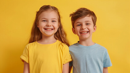 young brother and sister, siblings standing together on solid yellow background 
