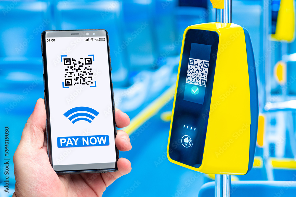 Poster paying for bus fare. wireless payment terminal in public transport. phone with application for qr pa