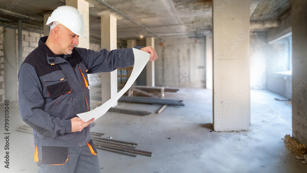 Aufkleber man builder. guy is engineer. architect in building under construction. builder studies work plan. a