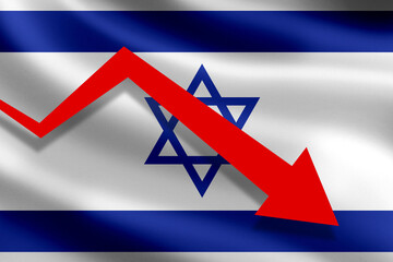 Crisis in Israel. Downward arrow on Israeli flag. Graph metaphor for financial recession. Israel...