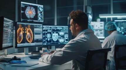 Medical professionals analyze patient data on multiple screens in a high-tech lab. Created with Generative AI