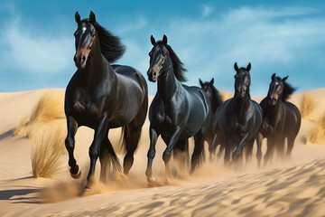 A small herd of free wild black horses running on loose sand in the desert against a cloudy sky. - obrazy, fototapety, plakaty