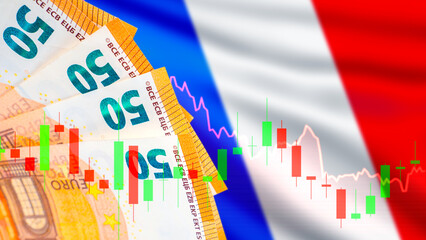 Crisis in France. Euro banknotes near french flag. Crisis chart. Fluctuations in France financial...