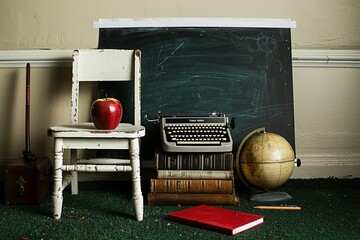 Vintage school chair with apple, globe, and books in studio setting