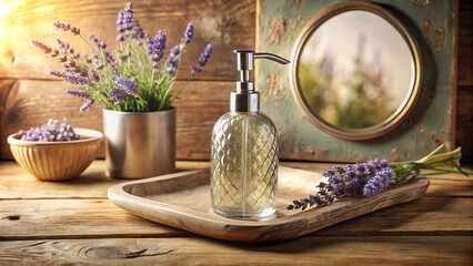 A close-up editorial photo showcasing the hand wash bottle on a textured wooden tray in a beige...